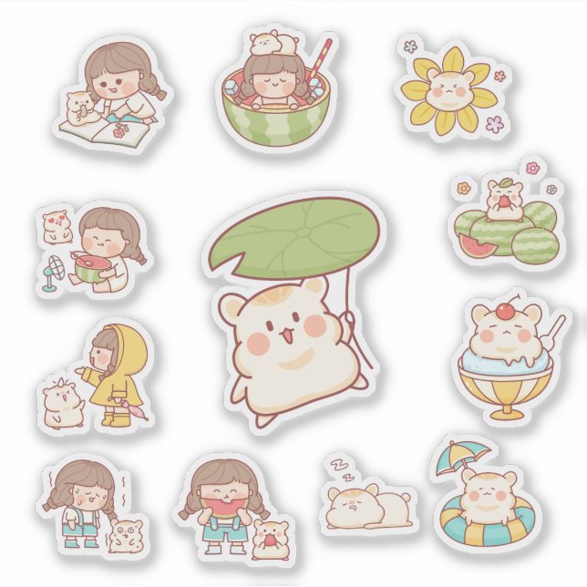 Adesivo Cute Kawaii Girl and Bear Stickers (Frente)