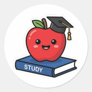 Adesivo Cute Kawaii Maçã Vermelha Usando Boina de Graduaçã
