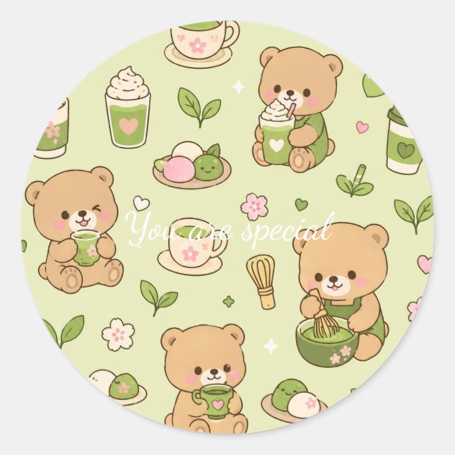 Adesivo Cute Kawaii Matcha Teddy Bear Pattern | Green Tea  (Frente)