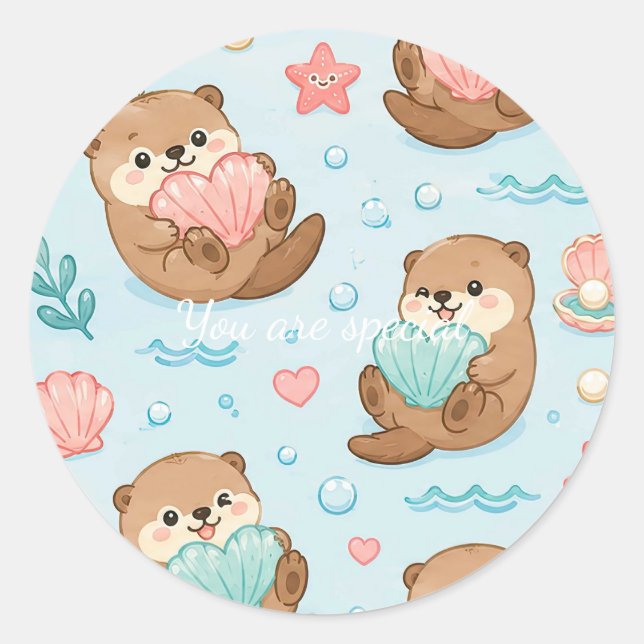 Adesivo Cute Kawaii Otter Heart Seashell Pattern (Frente)