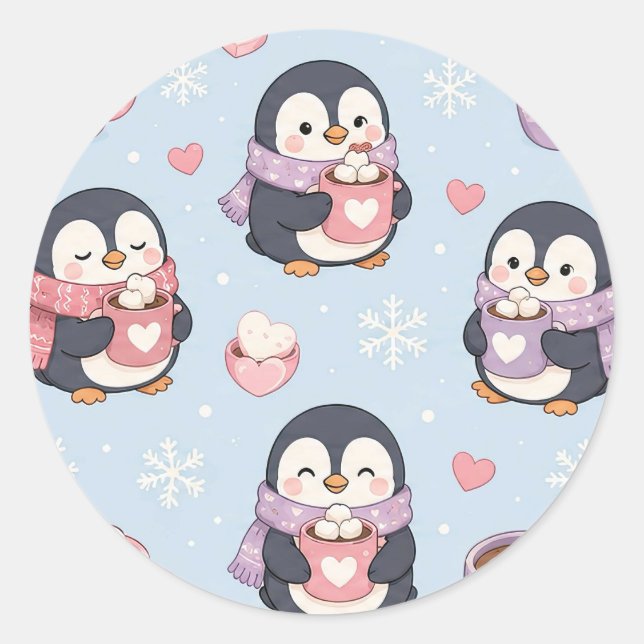 Adesivo Cute Kawaii Penguin Hot Cocoa Pattern (Frente)