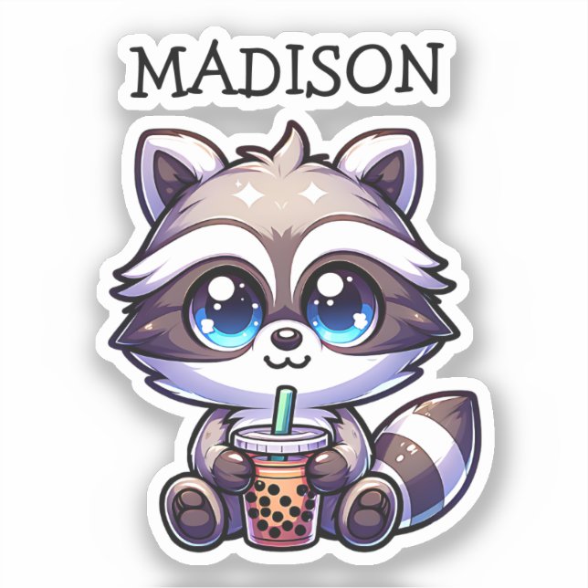 Adesivo Cute Kawaii Raccoon com Bubble Tea Personalizado (Frente)