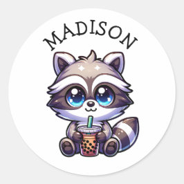 Adesivo Cute Kawaii Raccoon com Bubble Tea Personalizado