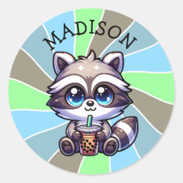 Adesivo Cute Kawaii Raccoon com Bubble Tea Personalizado