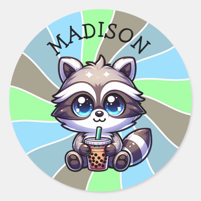 Adesivo Cute Kawaii Raccoon com Bubble Tea Personalizado (Frente)