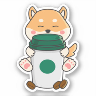Adesivo Cute kawaii shiba inu abraçando um café quente