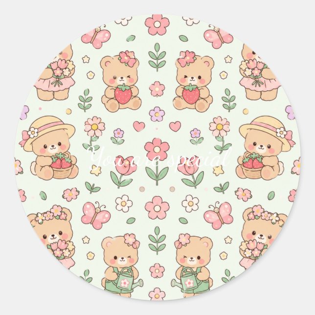 Adesivo Cute Kawaii Teddy Bear Flower Garden Pattern | Pas (Frente)