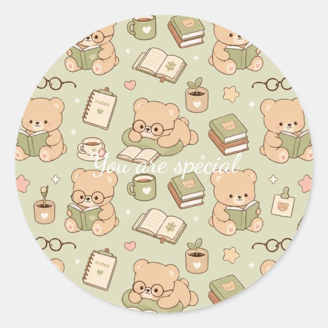 Adesivo Cute Kawaii Teddy Bear Study Pattern | Cozy Readin (Frente)
