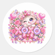 Cute Kawaii XOXO Cat Pastel Pink Romantic Love Sti
