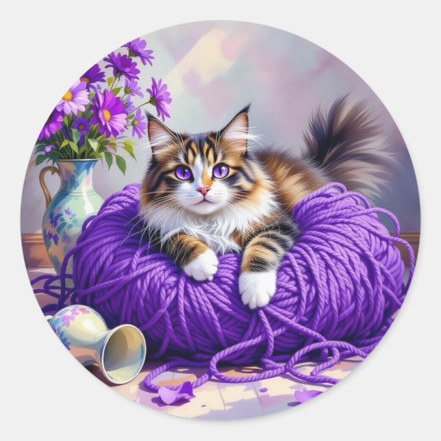 Adesivo Cute Kitty Cat in Ball of Purple Yarn (Frente)