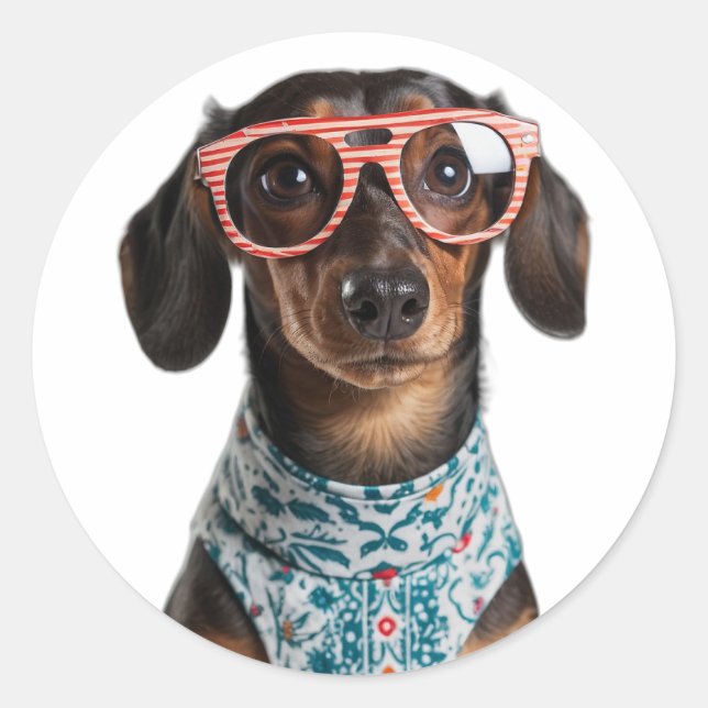 Adesivo Cute Little Dachshund With Red Glasses (Frente)