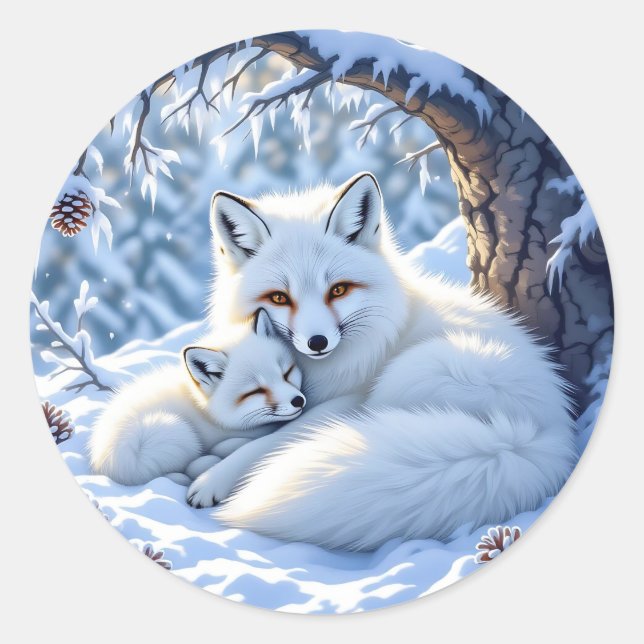 Adesivo Cute Mama and Baby White Foxes in the Snow (Frente)