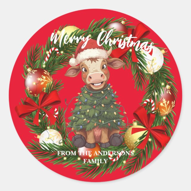 Adesivo Cute merry Cow Christmas tree calf ox Xmas pattern (Frente)