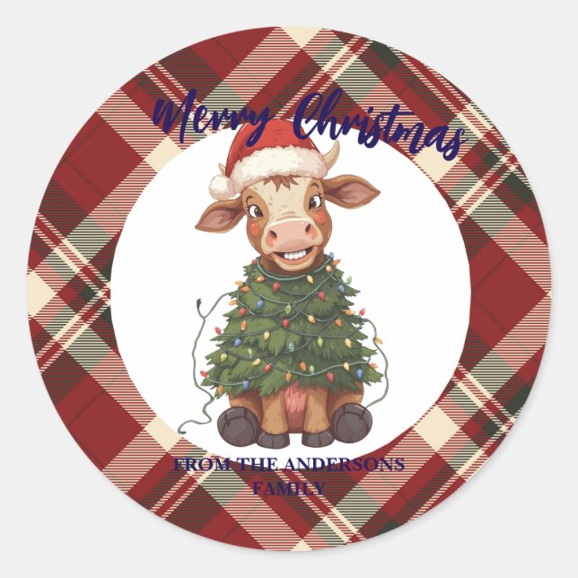 Adesivo Cute merry Cow Christmas tree calf ox Xmas plaid (Frente)
