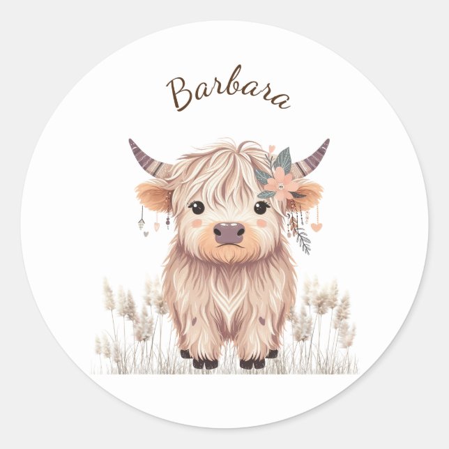 Adesivo Cute Modern Boho Highland Cow, Nome Personalizado (Frente)