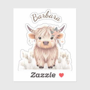 Adesivo Cute Modern Boho Highland Cow, Nome Personalizado