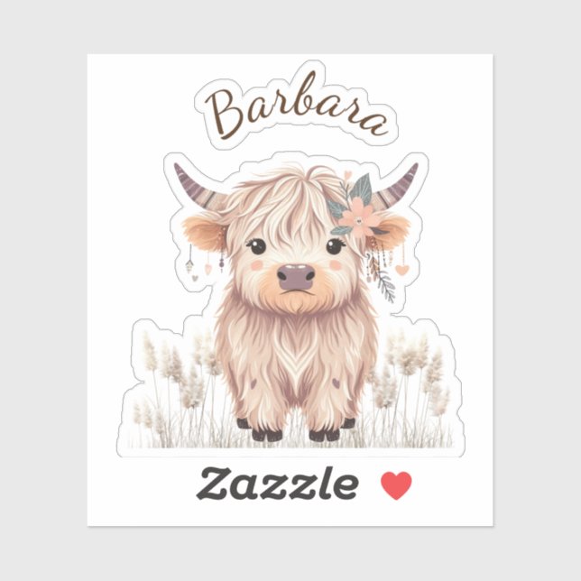 Adesivo Cute Modern Boho Highland Cow, Nome Personalizado (Folha)