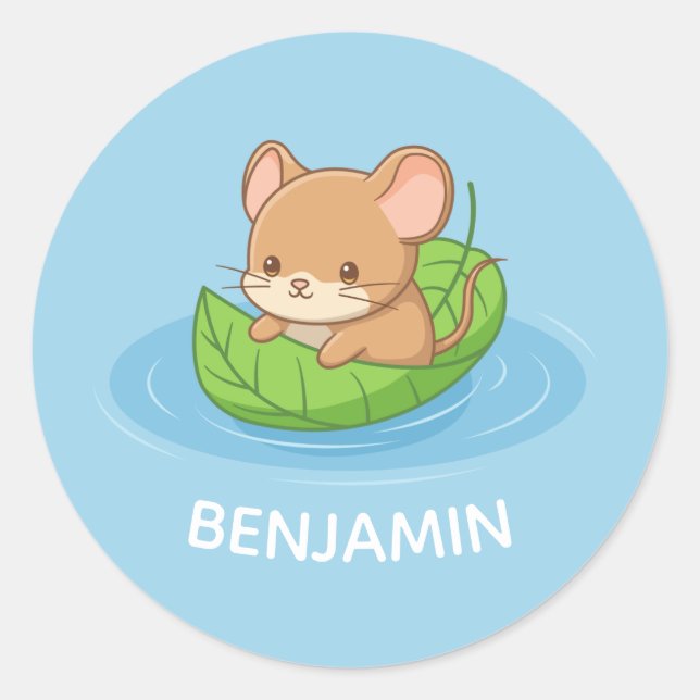 Adesivo Cute Mouse in a Leaf Boat Blue Custom Name (Frente)