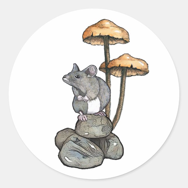 Adesivo Cute Mouse Standing on Rocks, with Mushrooms (Frente)
