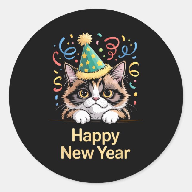 Adesivo Cute Party Cat Happy New Year Funny New Year’s Eve (Frente)