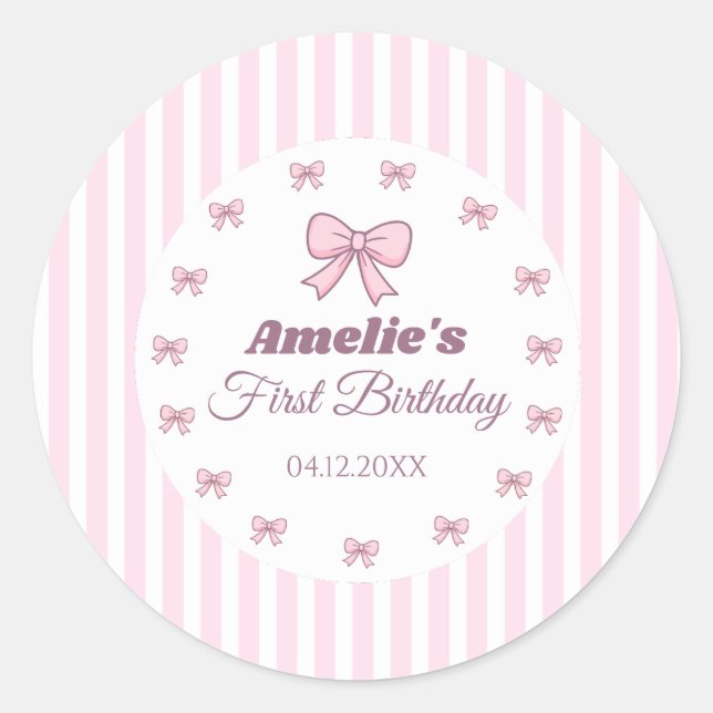 Adesivo Cute Pink Bow First Birthday  (Frente)