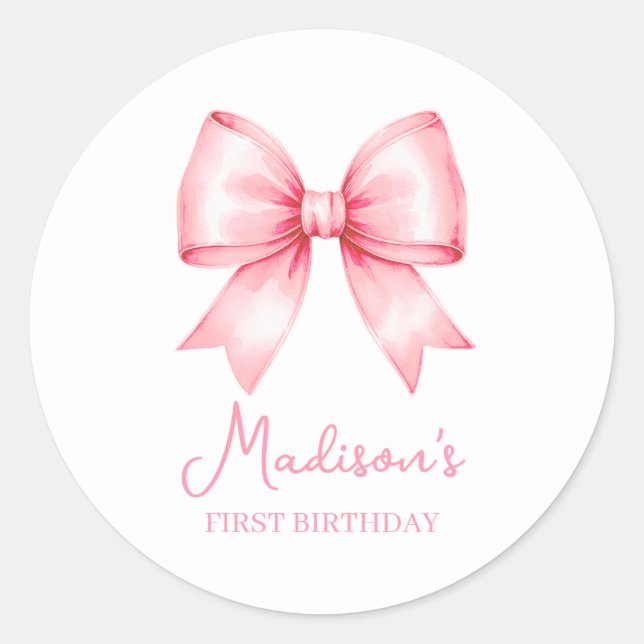 Adesivo Cute Pink Bow Girl First Birthday (Frente)