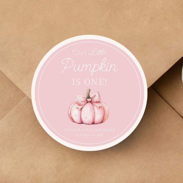 Adesivo Cute Pink Pumpkin Girl 1st Birthday (Cute Pink Pumpkin Girl 1st Birthday Classic Round Sticker)