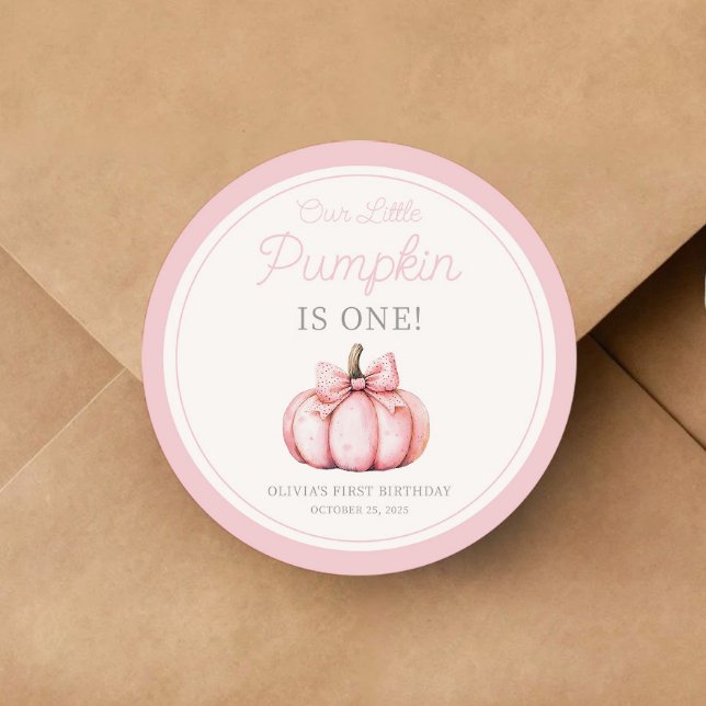 Adesivo Cute Pink Pumpkin Girl First Birthday (Cute Pink Pumpkin Girl First Birthday Classic Round Sticker)