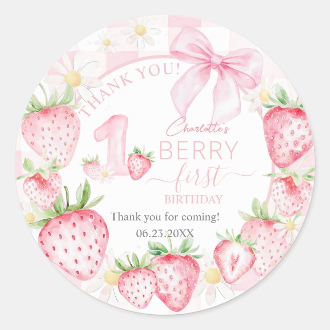 Adesivo Cute Pink Strawberries Berry First 1st Birthday (Frente)