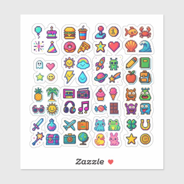 Adesivo Cute Pixel Art Sticker Pack – Retro 8-Bit Kawaii I (Folha)
