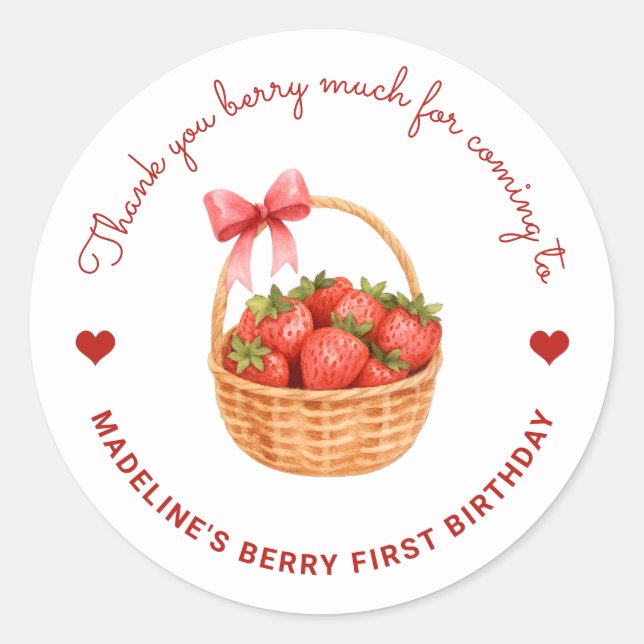 Adesivo Cute Preppy Berry First Birthday Strawberry Favor (Frente)