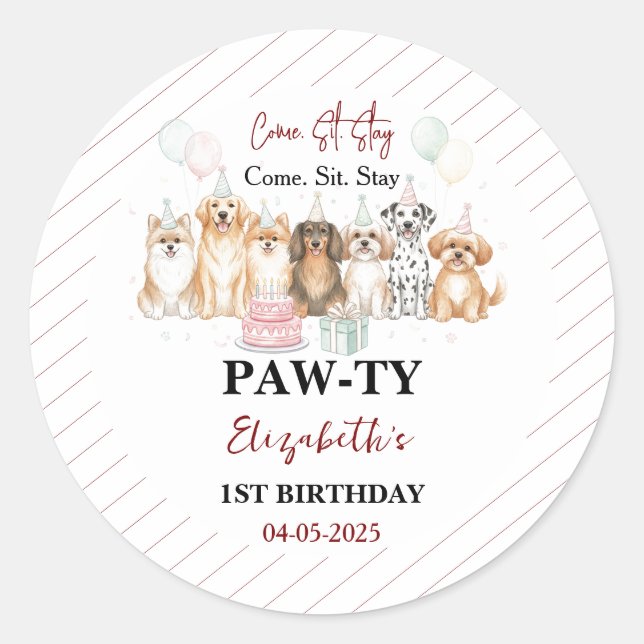 Adesivo Cute Puppy Dog Boy 1st Birthday | Pawty Time First (Frente)