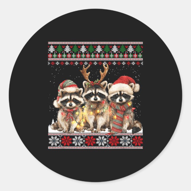 Adesivo Cute Raccoon Santa Christmas Lights Ugly Xmas Swea (Frente)