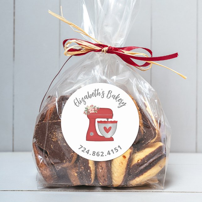 Adesivo Cute Red Cake Mixer Baked With Love (A cute red business Bakery sticker. Personalize it with yiur name and phone number.)