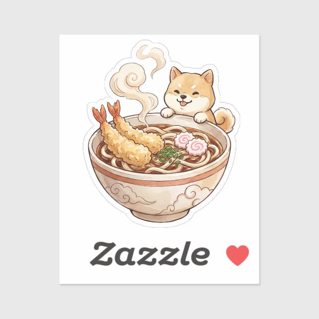 Adesivo Cute Shiba Inu Ramen - Kawaii Dog with Noodles (Folha)