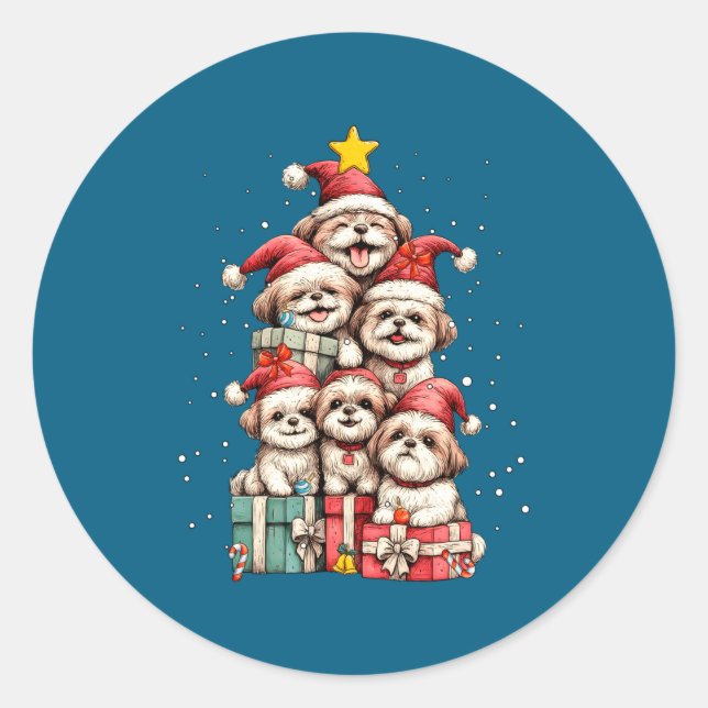 Adesivo Cute Shih Tzu Le Dog Christmas Tree Xmas Hat Long  (Frente)