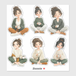 Adesivo Cute Sitting Chibi Girl Coffee Stickers