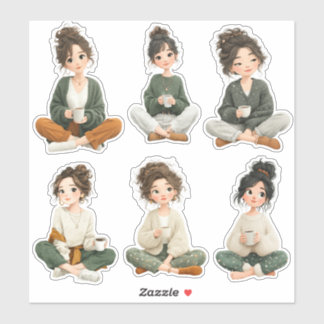 Adesivo Cute Sitting Chibi Girl Coffee Stickers