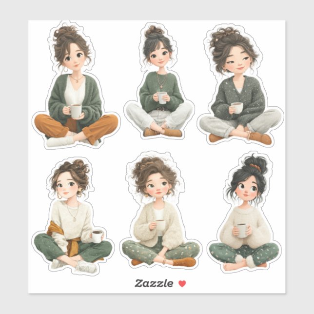 Adesivo Cute Sitting Chibi Girl Coffee Stickers (Folha)