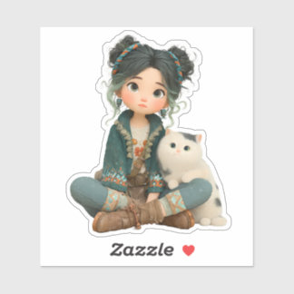 Adesivo Cute Sitting Girl with Cat – Cozy Character Sticke
