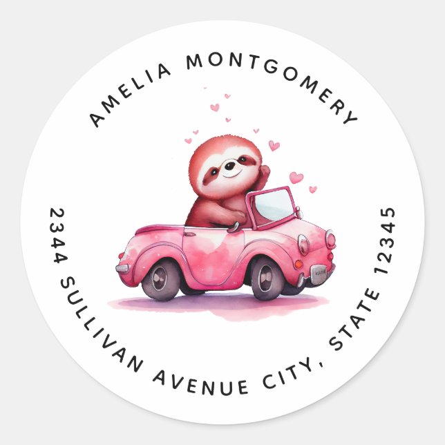 Adesivo Cute Sloth Driving a Pink Convertible - Address (Frente)
