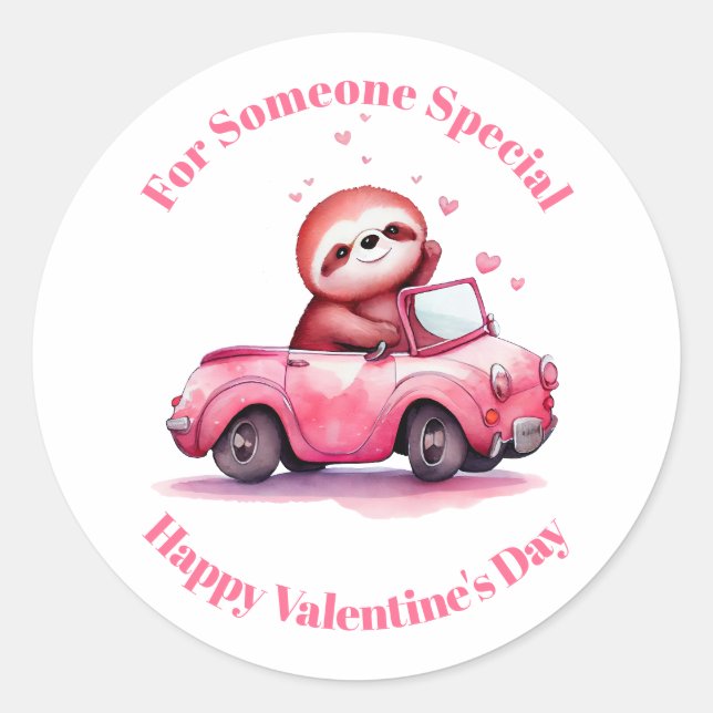 Adesivo Cute Sloth in a Pink Convertible Valentine's Day (Frente)