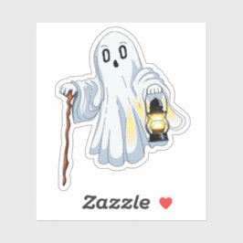 Adesivo Cute Spooky Ghost with Lantern and Wooden Cane 
