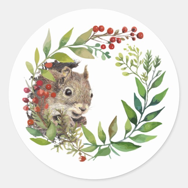Adesivo Cute Squirrel Peeking out Holly Wreath (Frente)
