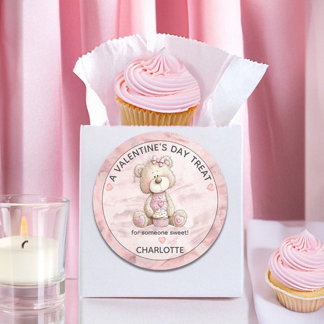 Adesivo Cute Teddy Bear | Cupcake Sweet Treat Valentines (Cute Teddy Bear and Cupcake "A Valentine's Day Treat for Someone Sweet!" Classic Round Sticker)