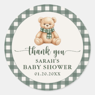 Adesivo Cute Teddy Bear Green Plaid Baby Shower Thank You