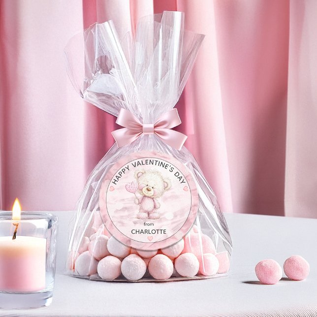 Adesivo Cute Teddy Bear | Heart Pop Happy Valentines Day (Cute Teddy Bear Holding A Heart-Shaped Pop "Happy Valentine's Day" from Name Classic Round Sticker)