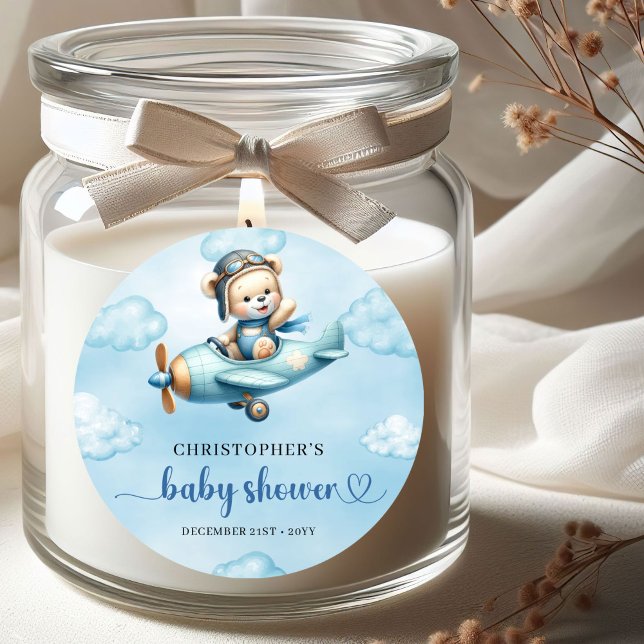 Adesivo Cute Teddy Bear Pilot Airplane Blue Brown Baby  (Cute Teddy Bear Pilot Airplane Blue Brown Baby Shower Sticker

)
