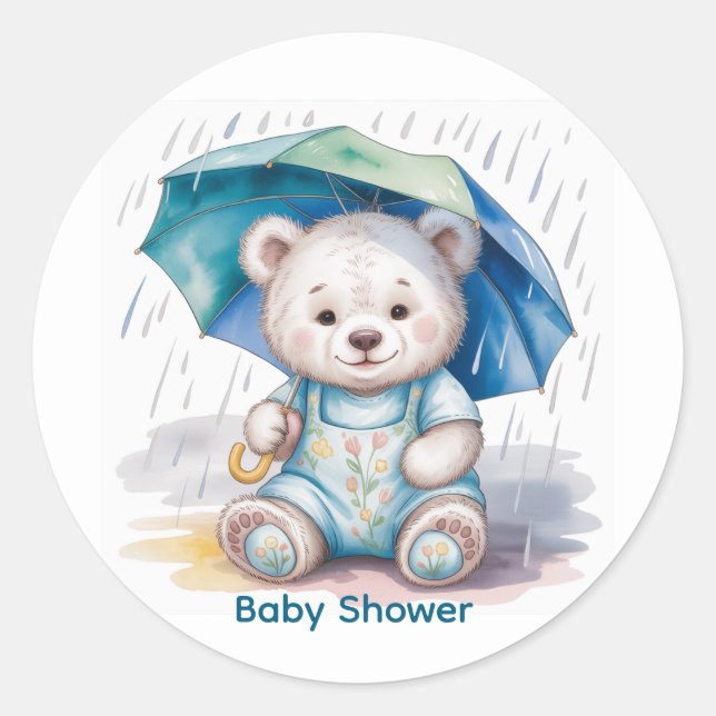 Adesivo Cute Teddy Bear With Umbrella Boy Baby Shower (Frente)