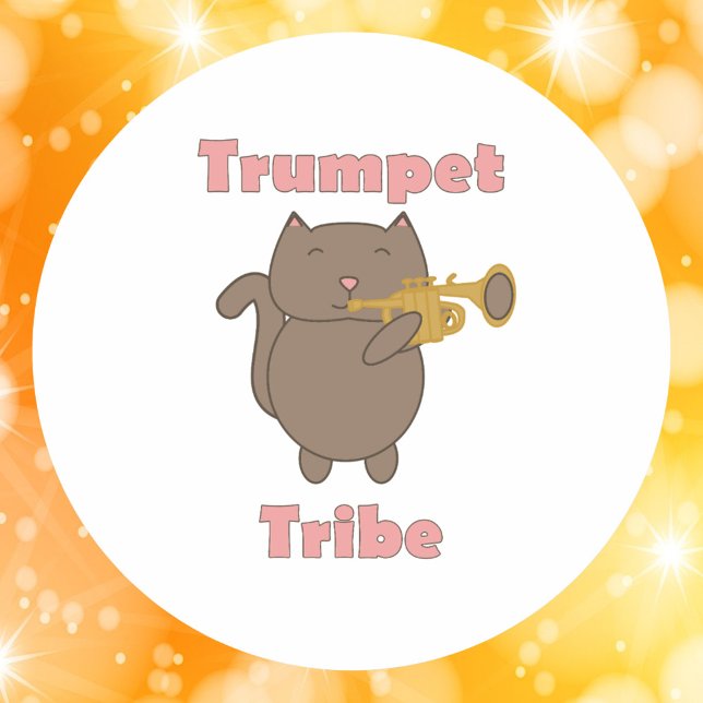 Adesivo Cute Trumpet Tribe Cat Illustration  (A sticker with a brown cat playing the trumpet and the text trumpet tribe.)